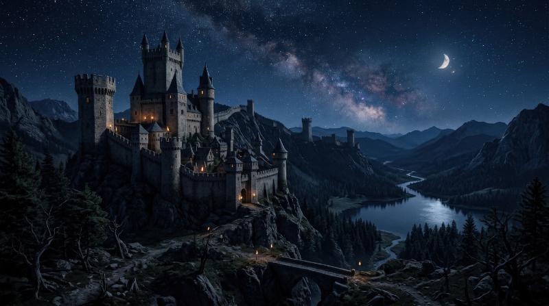 A night castle landscape under a deep sky, distant towers, mysterious medieval atmosphere, ultra-realistic, no logos.