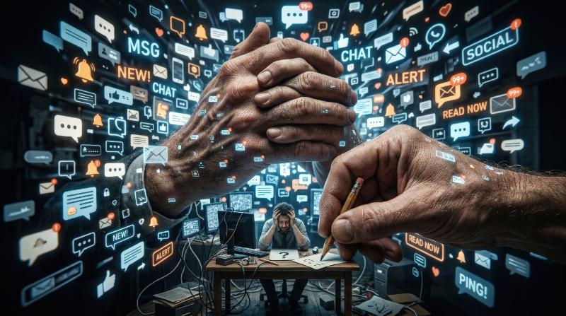 A big idea concept with giant hands and a tiny pencil, communication overload, messaging and social media symbolism, ultra-realistic, no logos.