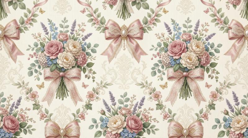 A coquette seamless pattern with damask bows and classical vintage bouquets, feminine floral elegance for wallpaper and fabric, ultra-realistic, no logos.