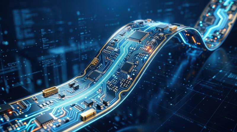 A curved circuit ribbon with microchip traces on a blue background, luminous pathways, sleek tech detail, clean futuristic atmosphere, ultra-realistic, no logos.