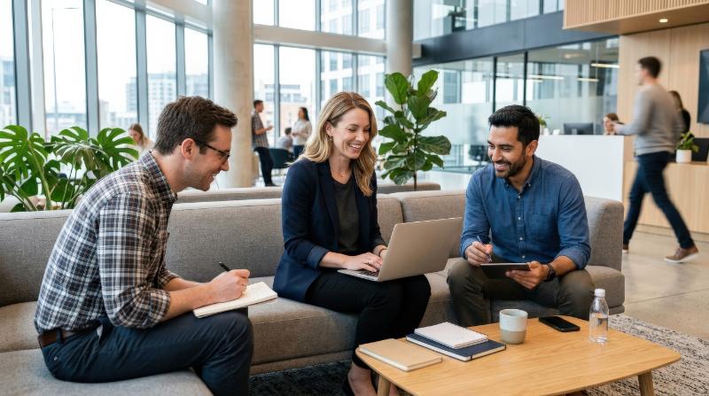 Smiling female business expert using a laptop while sitting with male colleagues in a tech office lobby, modern lounge furniture, casual teamwork, bright contemporary atmosphere, ultra-realistic, no