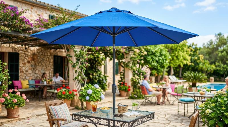 A vibrant blue patio umbrella opened wide, crisp fabric folds and bright outdoor leisure atmosphere, ultra-realistic, no logos.
