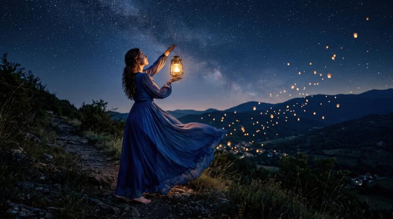 A person in a flowing long dress lifting a glowing lantern toward a starry night sky, distant lanterns drifting above, deep blue tones, poetic lighting, dreamy and serene mood, ultra-realistic, no