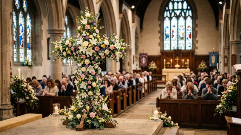 A decorative Christian cross made of fresh flowers inside church during Easter service, congregation softly blurred in prayer, floral textures, warm sacred light, ultra-realistic, no logos.