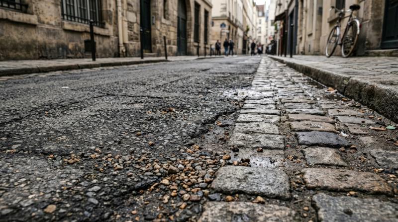 Detailed cobblestone and asphalt surface with gravel and stone grit, rugged street texture, realistic urban atmosphere, ultra-realistic, no logos.