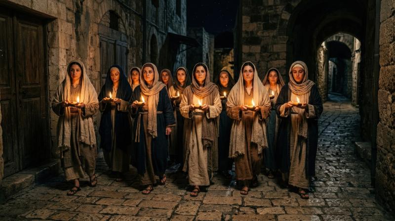 A group of women holding burning oil lamps in a night street, biblical parable of the ten virgins, ancient robes, flickering firelight, solemn spiritual anticipation atmosphere, ultra-realistic, no