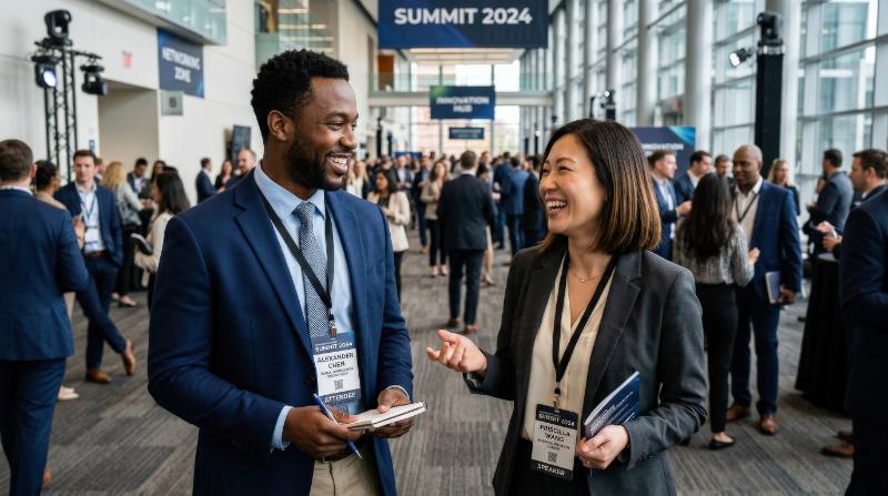 Smiling multiracial male and female business professionals attending a summit at a convention center, event badges, modern hall, conversational energy, ambitious polished atmosphere, ultra-realistic,