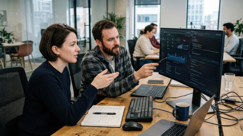 Concentrated female and male tech experts discussing strategies while working at a computer in an office, side-by-side collaboration, modern equipment, analytical and energetic mood, ultra-realistic,