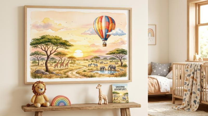 A cute watercolor savanna landscape with trees, sun and hot air balloon, warm child-room scenery, airy adventurous mood, ultra-realistic, no logos.