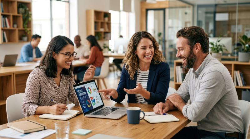 Smiling colleagues discussing ideas together in an office using a laptop, open gestures, polished workspace and a warm collaborative atmosphere, ultra-realistic, no logos.