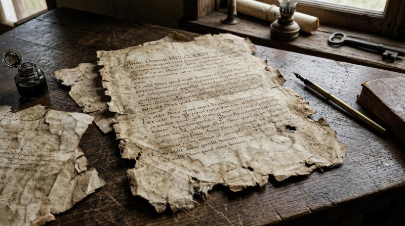 Antique paper sheets with jagged ripped edges and weathered parchment texture, worn vintage surfaces with strong historical atmosphere, ultra-realistic, no logos.