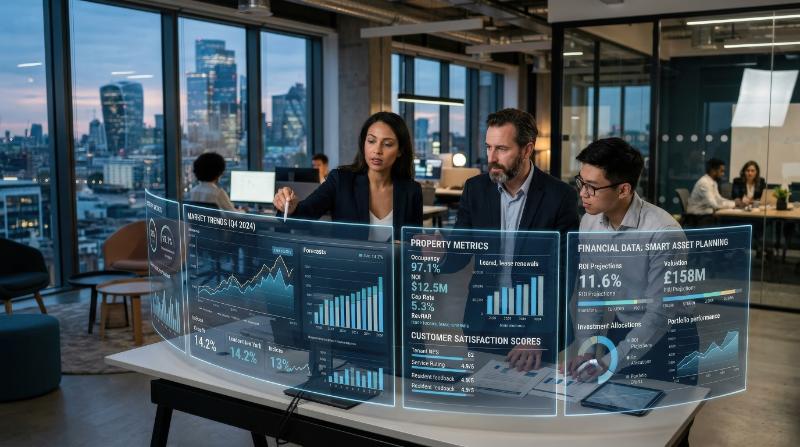 Real estate analysts reviewing property metrics, market trend charts, satisfaction scores and financial data on layered screens, modern office mood focused on smart asset planning, ultra-realistic, no