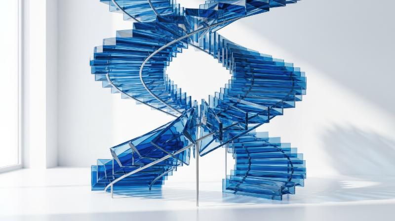Blue translucent glass plates arranged in a geometric spiral over a clean white backdrop, layered crystal depth, delicate refraction and soft shadows creating a refined futuristic atmosphere,