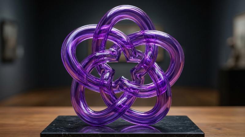 A continuous glass tube twisted into a torus knot with a star-shaped center, purple gradient reflections and sculptural elegance, ultra-realistic, no logos.
