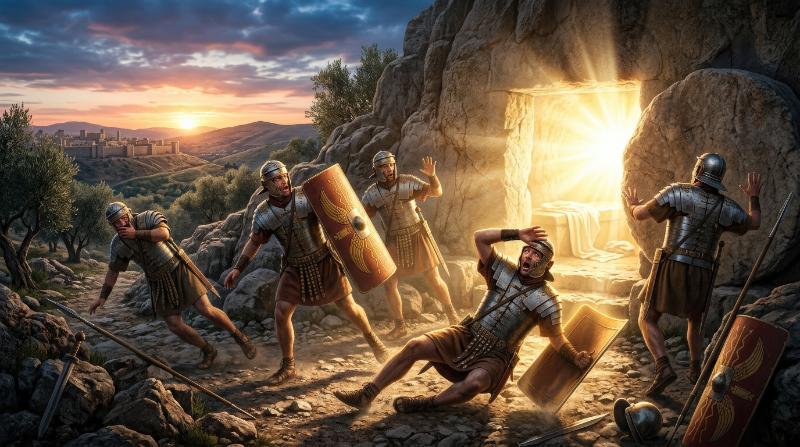 Roman soldiers recoiling in shock before Christ’s empty tomb, radiant holy light flooding from the opened cave, armor catching the glow, Easter morning sky and sacred astonishment, ultra-realistic, no