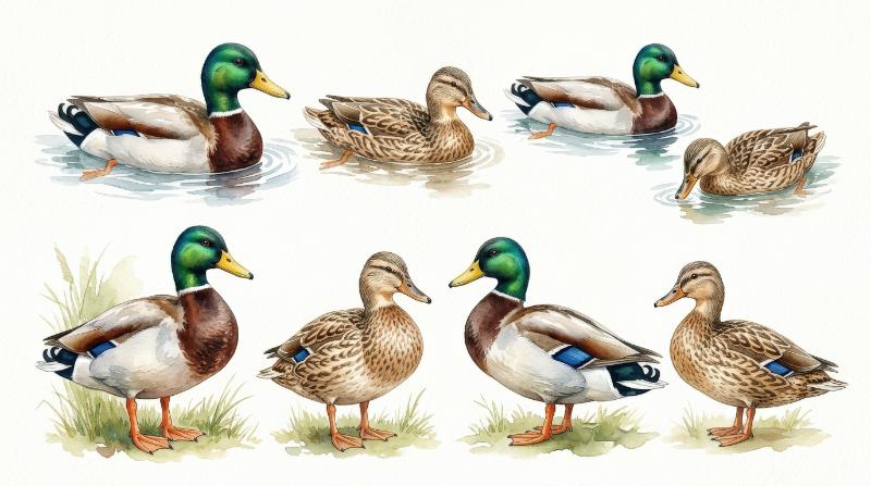 A watercolor ducks set with mallards in standing and swimming poses on white, natural bird detail with soft storybook charm, ultra-realistic, no logos.