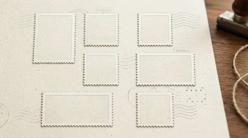 A blank postage stamp icon set with rectangle and square perforated borders, clean mockup frames and postal design detail, ultra-realistic, no logos.