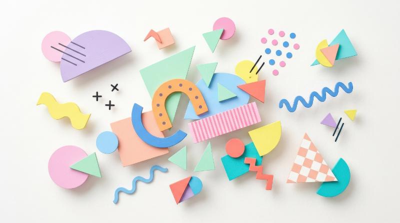An abstract colorful art background with floating pastel geometric forms on white, playful Memphis-inspired composition, light creative atmosphere, ultra-realistic, no logos.