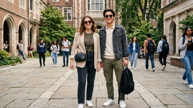 Fashionable young male and female students wearing sunglasses and posing on a college campus, trendy outfits, open academic courtyard, sunny youthful confidence, ultra-realistic, no logos.