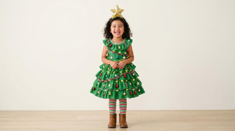 A happy Hispanic child dressed as a Christmas tree with a star on their head, smiling joyfully, isolated clean background, whimsical holiday portrait, ultra-realistic, no logos.