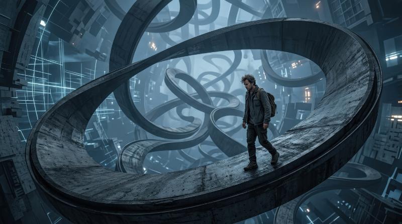 A man walking on a Möbius-strip-like path in an abstract open space, seamless twisted surface, cool tones, mood of paradox, confusion and endless mental loops, ultra-realistic, no logos.