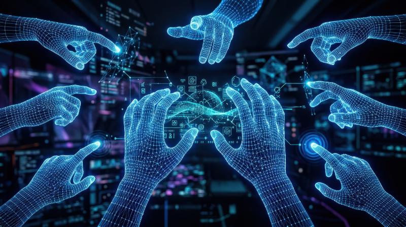 A set of abstract digital hands and gestures with blue wireframe palms and node connections, futuristic human-AI interaction and AR communication mood, ultra-realistic, no logos.