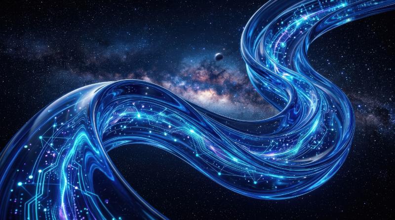 A deep blue glass fluid ribbon flowing through space, polished translucent curves and digital energy, sleek fintech innovation mood, ultra-realistic, no logos.