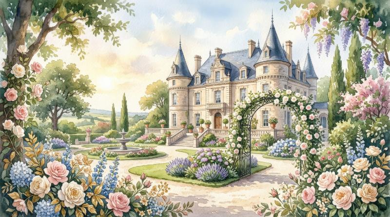 Luxury watercolor wedding chateau in a lush garden setting, romantic invitation background with refined estate elegance and soft sunlight, ultra-realistic, no logos.