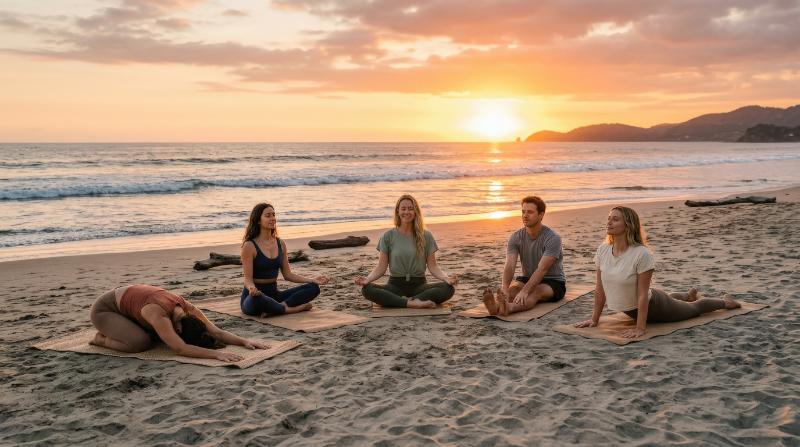 Friends enjoying a sunset yoga session on the beach, relaxed postures, calm waves, wellness-focused mood, glowing horizon, serene golden light, ultra-realistic, no logos.