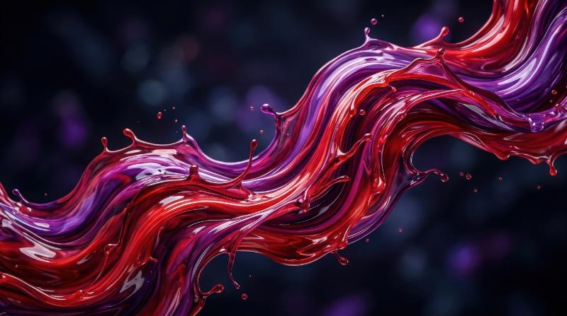 Abstract vibrant fluid forms in red and purple tones, dynamic wave composition, glossy sculptural movement, ultra-realistic, no logos.