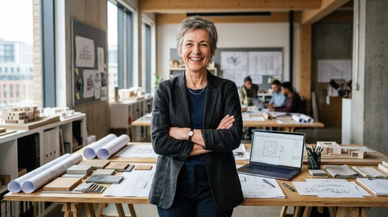 Portrait of a happy mature female architect standing with arms crossed near a desk in an office, design materials, modern studio interior, confident creative authority, ultra-realistic, no logos.