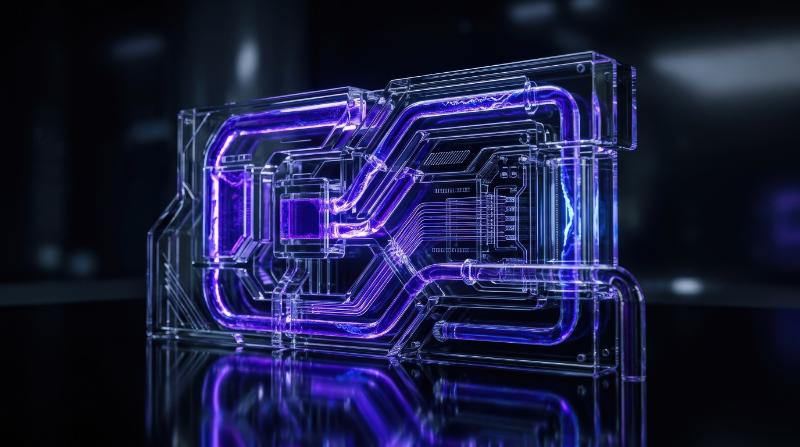 Cyber elements made of transparent glass and liquid acrylic with purple-blue glow on black, cinematic reflections and sleek tech-cover atmosphere, ultra-realistic, no logos.