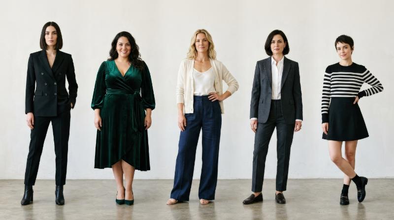 A stylish portrait lineup inspired by Kibbe body types, varied silhouettes, tailored fashion details, clean backdrop, confident poses, polished editorial mood, ultra-realistic, no logos.