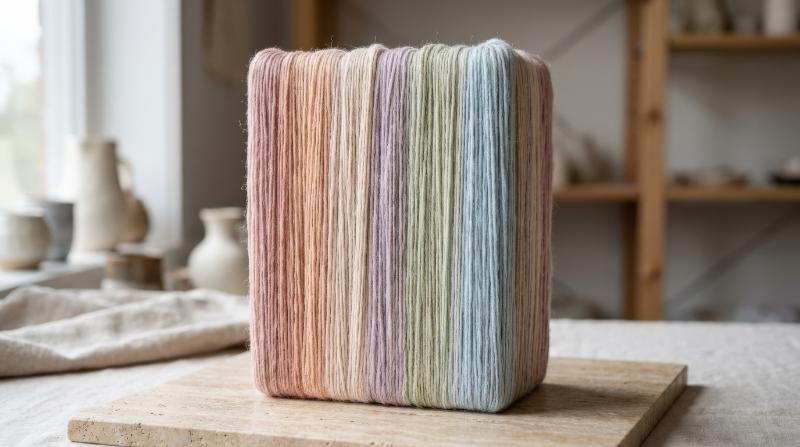 Vertical pastel strands bundled in a sculptural block, fiber-like texture, soft gradients, refined tactile atmosphere, ultra-realistic, no logos.