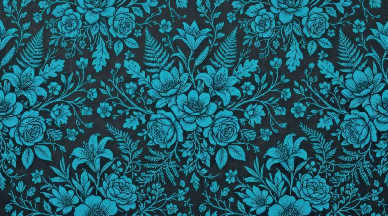 A floral cyan silhouette pattern with layered blossoms and botanical forms, crisp contrast, rhythmic composition and refined artistic mood, ultra-realistic, no logos.