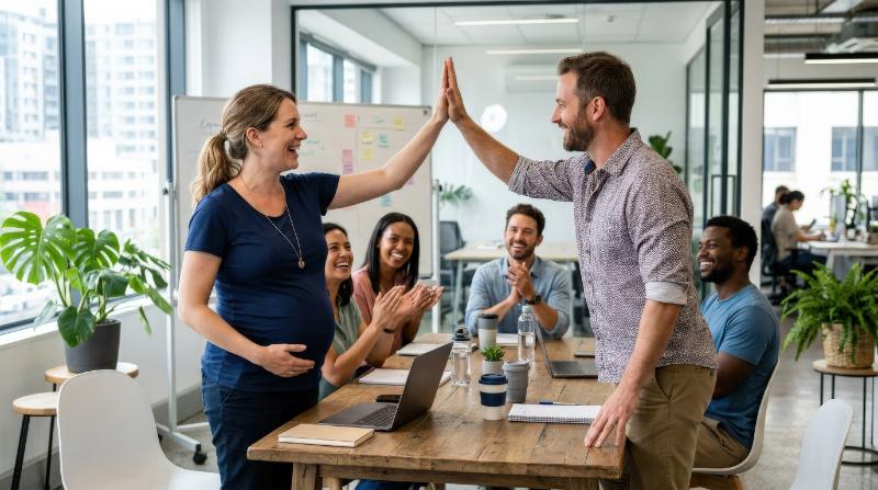 A pregnant woman high-fiving a colleague in a casual business meeting, modern workspace, relaxed dress code, bright soft light, inclusive and celebratory team atmosphere, ultra-realistic, no logos.