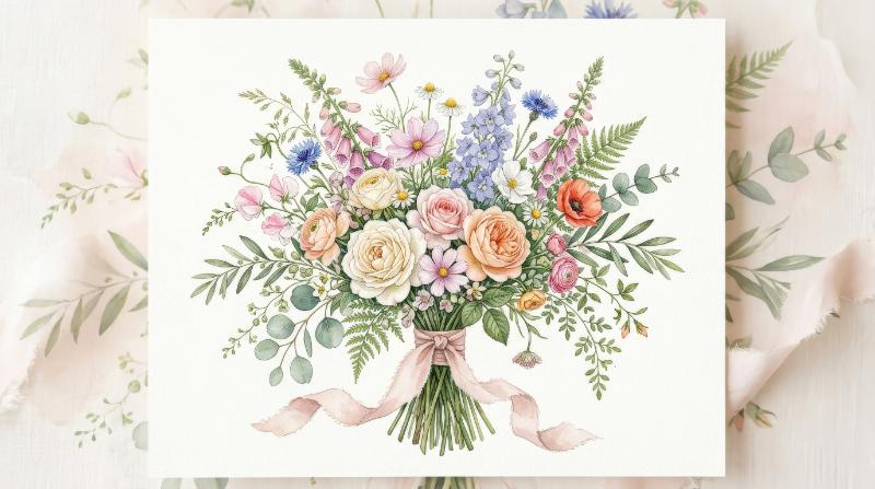 A watercolor midsummer floral bouquet collection with delicate leaves and wildflowers, hand-painted stems and airy petals in romantic harmony, elegant wedding invitation mood, ultra-realistic, no
