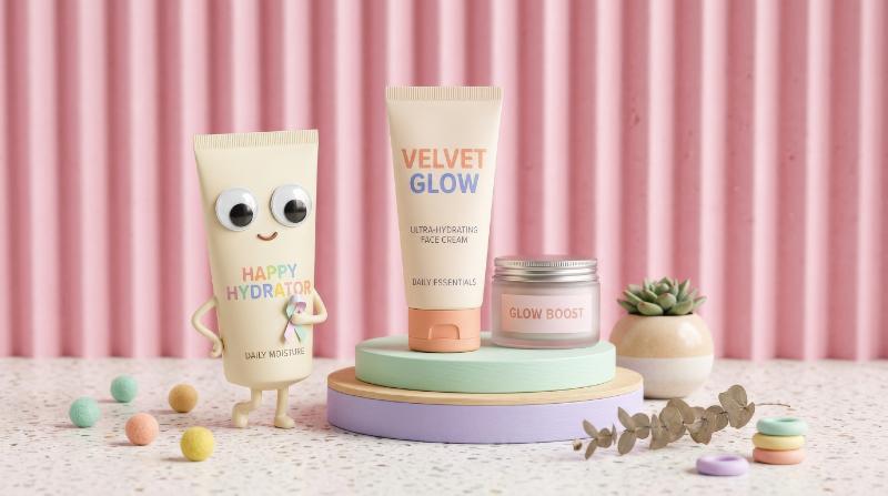 A pastel product scene with a tube character featuring googly eyes beside a podium, pink corrugated backdrop, playful minimal styling and bright promotional mood, ultra-realistic, no logos.