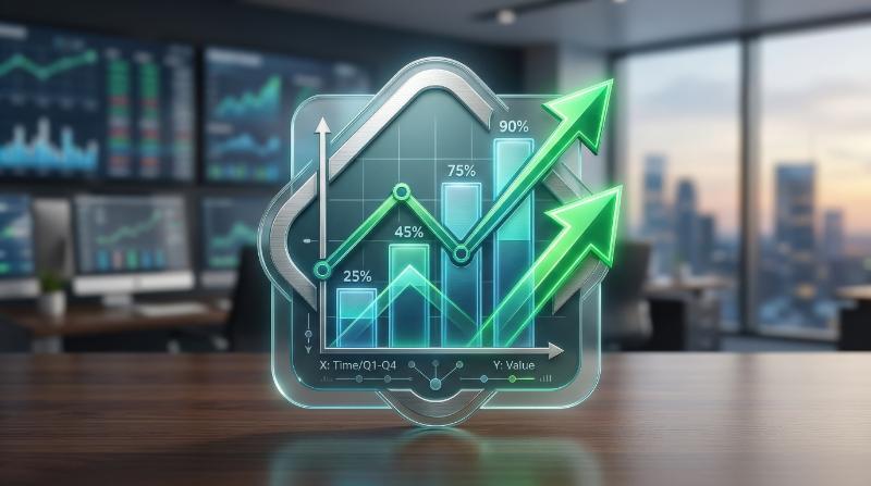 A line and bar chart icon with directional arrows for business analytics, statistics, and data analysis, crisp financial visualization style, ultra-realistic, no logos.