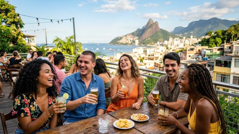 Friends laughing and enjoying drinks on a sunny day in Rio de Janeiro, urban summer backdrop, cheerful energy, warm natural light, ultra-realistic, no logos.