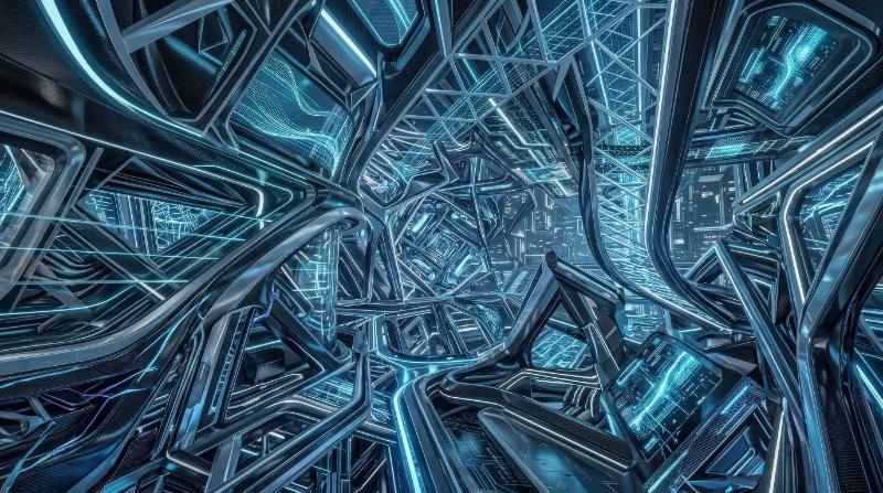 An abstract futuristic design with sleek surfaces and modern technology cues, immersive high-tech atmosphere, ultra-realistic, no logos.