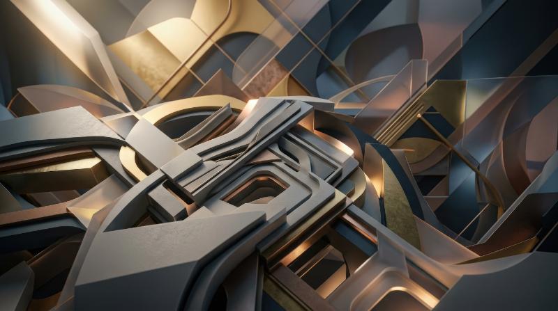 An abstract 3D background with layered sculptural geometry and soft dramatic lighting, contemporary visual depth, ultra-realistic, no logos.