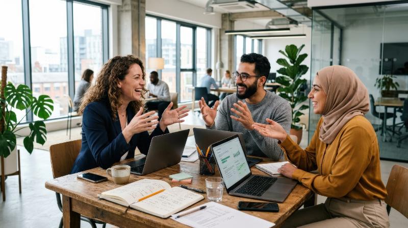 Three people having a lively discussion at a table in an office, expressive gestures, open laptops and notebooks, contemporary interior with natural daylight, energetic creative teamwork atmosphere,