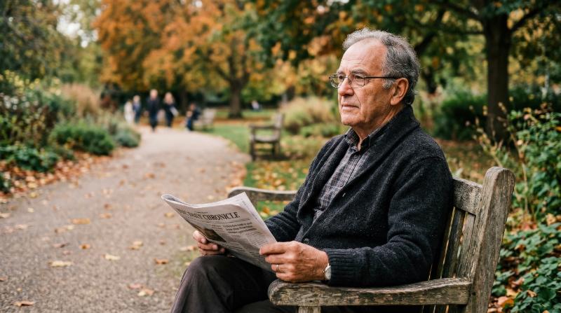 A senior man sitting on a bench holding a newspaper and looking away, quiet public setting, thoughtful expression, soft natural light, reflective atmosphere, ultra-realistic, no logos.