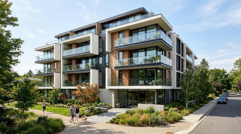 A modern residential building exterior with crisp architectural lines, glass balconies, landscaped surroundings, bright natural daylight, ultra-realistic, no logos.
