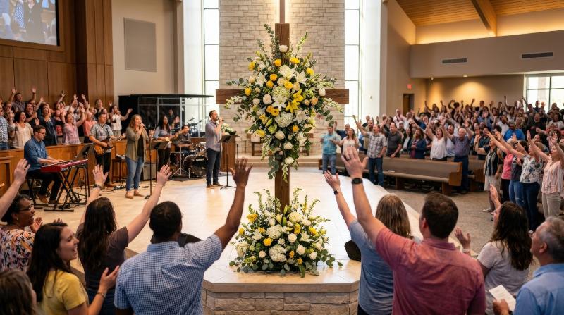 A flower-adorned cross standing in a modern church, congregation with raised hands worshiping amid music and Easter joy, luminous faith-filled atmosphere, ultra-realistic, no logos.