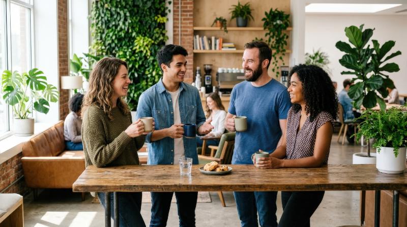 Happy colleagues enjoying a break in a casual workplace, shared coffee, relaxed posture, bright interior with plants and modern furniture, lighthearted friendly mood, ultra-realistic, no logos.