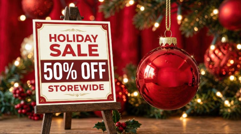 A fifty percent discount sign beside a hanging glossy red Christmas ball ornament, vibrant red background, bold holiday sales promotion mood, ultra-realistic, no logos.
