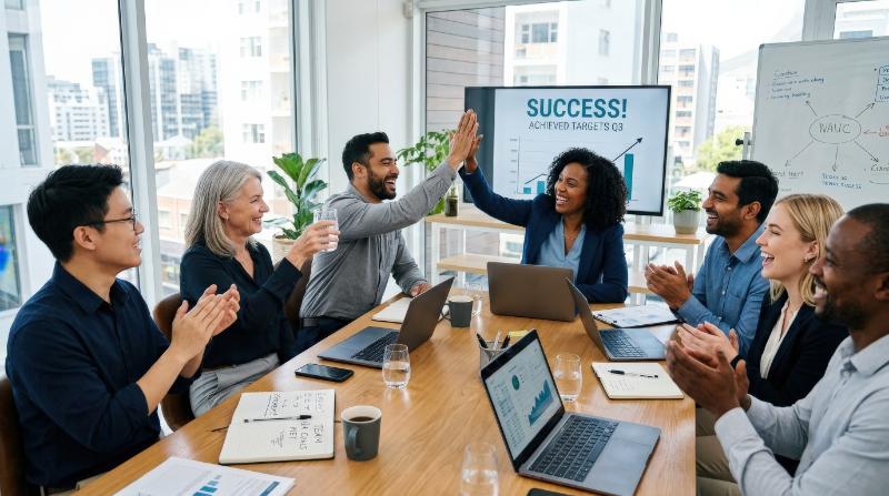 A diverse business team celebrating success with a high five during a meeting, smiling faces around a conference table with laptops and notes, modern office background, bright uplifting light and a