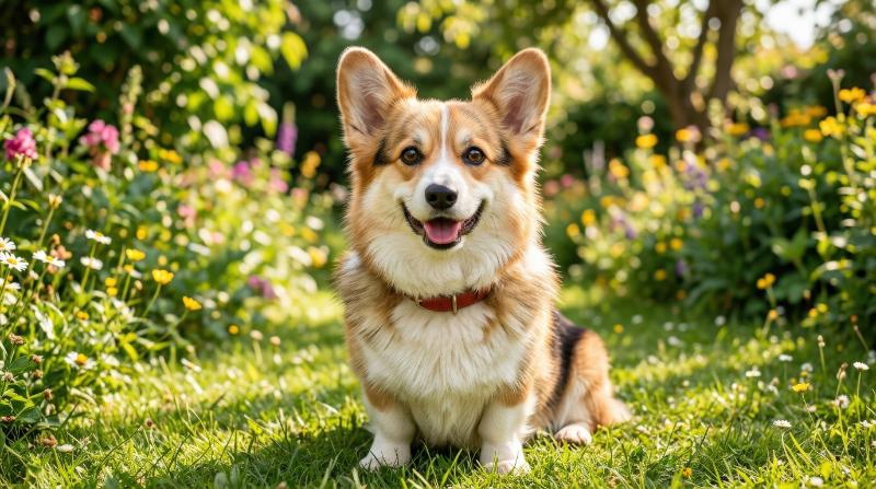 A happy Pembroke Welsh Corgi looking at the camera with a sweet smile, fluffy coat and friendly expression, bright cheerful atmosphere, ultra-realistic, no logos.